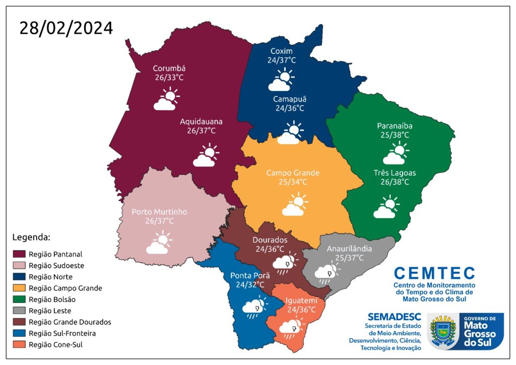 Mapa Previsao 28 02 2024 Mato Grosso do Sul tem previsão de sol e variação de nebulosidade nesta quarta-feira