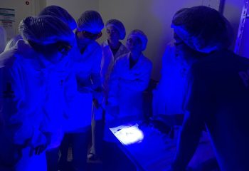 Acadêmicos da UFMS durante demonstração no laboratório, sob penumbra e luz totalmente azul. Tal item é utilizado para identificar elementos comprobatórios em crimes.