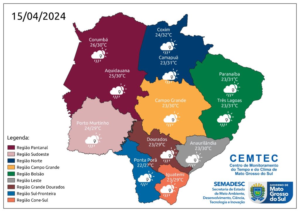 Mapa Previsao 15 04 2024 Cemtec faz alerta para grandes acumulados de chuva nesta semana no MS