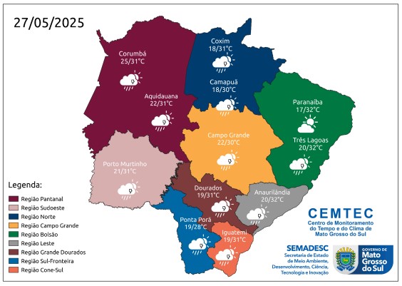 Semana começa com sol, mas frente fria avança com chuva e queda de temperatura em MS
