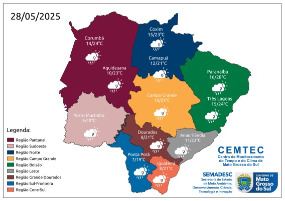 Semana começa com sol, mas frente fria avança com chuva e queda de temperatura em MS