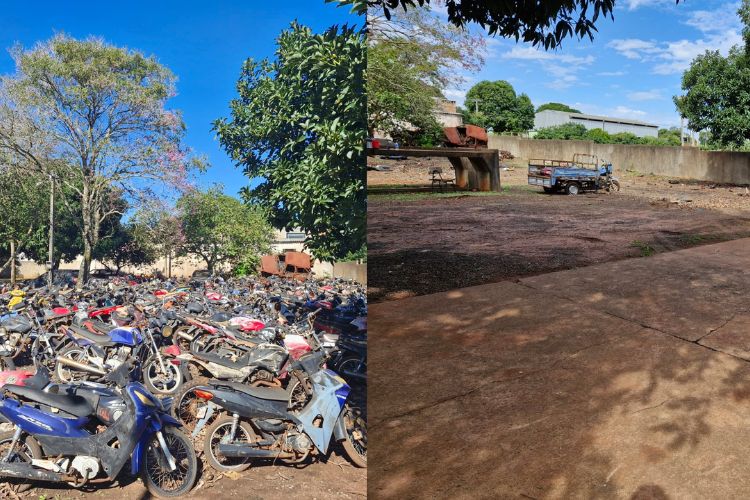 >Antes e depois do pátio do Detran de Sete Quedas